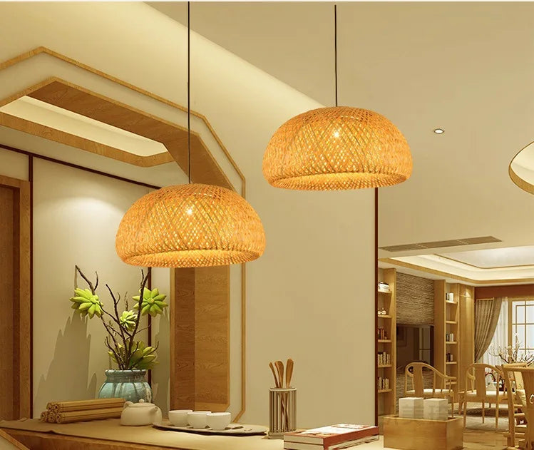 2025 Lámparas colgantes de bambú tejidas a mano estilo chino lámparas colgantes tejidas 26 cm restaurante decoración del hogar accesorios de iluminación caliente