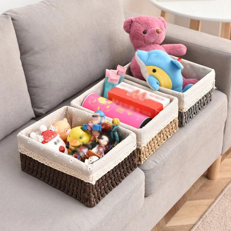 Cesta de almacenamiento de tela con tapa, cesta de almacenamiento tejida de escritorio, organizador de artículos diversos apilable, cesta de almacenamiento tejida de mimbre para el hogar