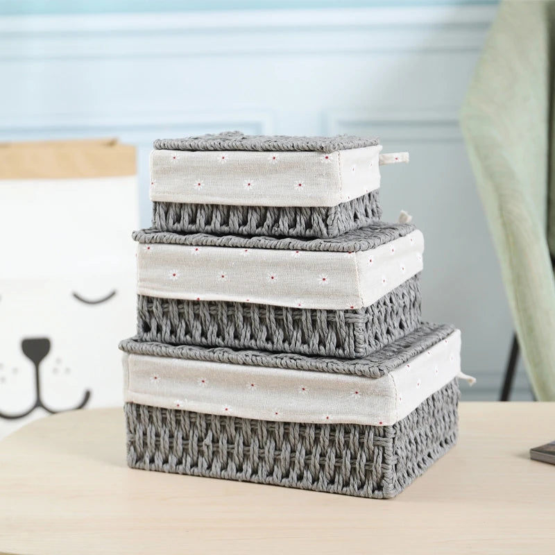 Cesta de almacenamiento de tela con tapa, cesta de almacenamiento tejida de escritorio, organizador de artículos diversos apilable, cesta de almacenamiento tejida de mimbre para el hogar