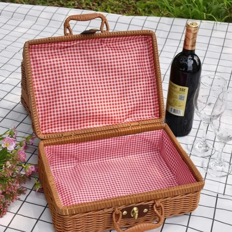 Maleta de mimbre Retro hecha a mano, cesta de almacenamiento de mimbre para Picnic, viaje, Camping, comida, aperitivos, contenedor de equipaje, maleta tejida de paja