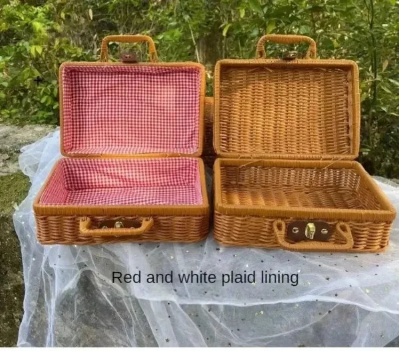 Maleta de mimbre Retro hecha a mano, cesta de almacenamiento de mimbre para Picnic, viaje, Camping, comida, aperitivos, contenedor de equipaje, maleta tejida de paja